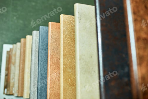 Preview: Various decorative tiles samples. Colorful samples of a stone tile in store