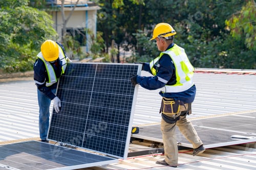 Preview: workers installing solar panels, for efficient energy on rooftop