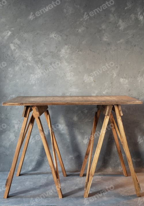 Preview: wooden table near concrete wall background