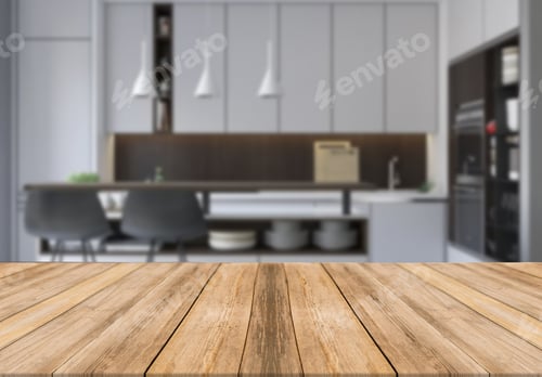 Preview: wooden table kitchen counter display copy space with blurred light background