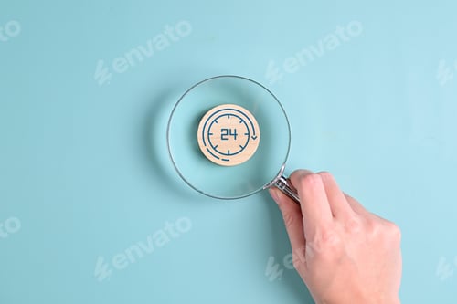 Preview: hour open, work day icon virtual screen on wooden cube