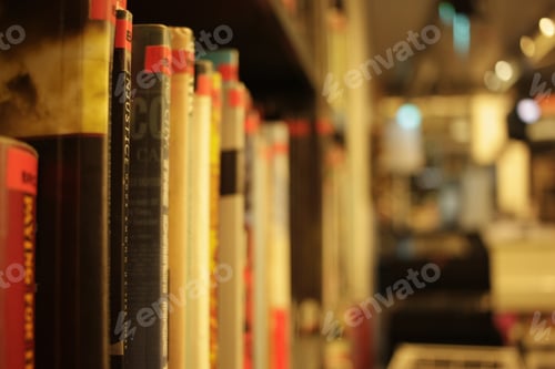Preview: Wide closeup shot of a stack of books in a shelf