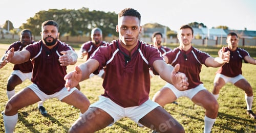 Preview: Rugby, haka or team with motivation, solidarity or support in a battle cry, war dance or challenge