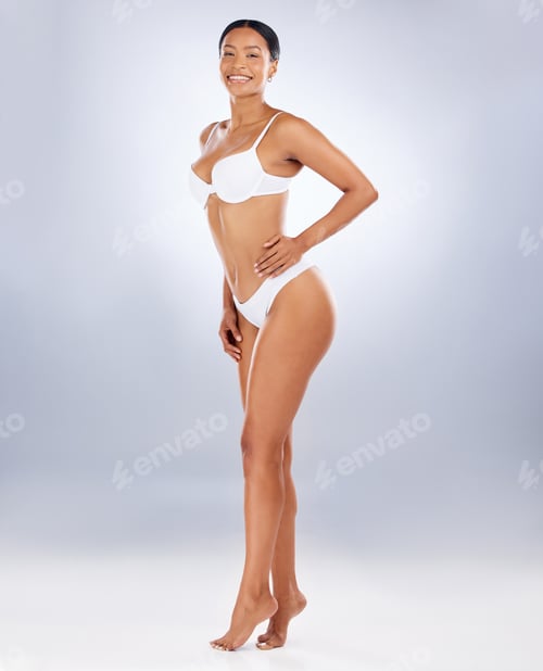 Preview: Health, natural beauty and black woman in underwear with body care mindset on studio background. Fi