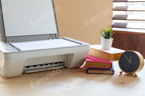 Preview: White scanner or printer machine on a table close up