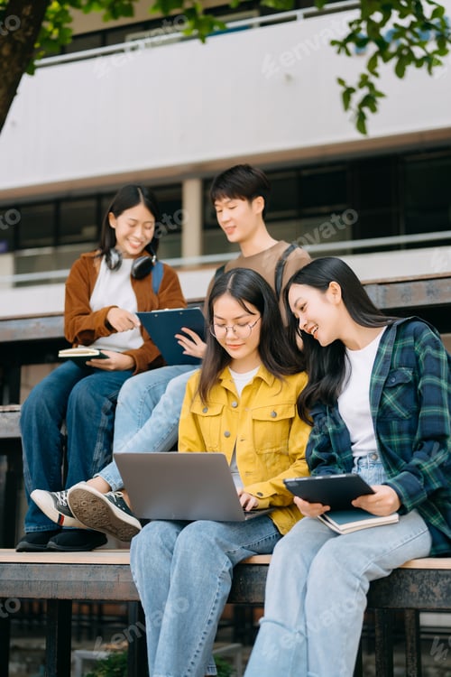 Preview: Young Asian People college students and a female student group work at the campus park