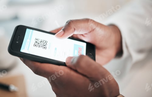 Preview: Mobile screen, doctor hands and QR code, test results of drugs, virus or registration on medical ph