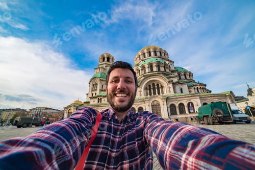 Preview: Tourist In Sofia Bulgaria Take Selfie Photo In Front Of The Cathedral St. Alexander Nevsky, The