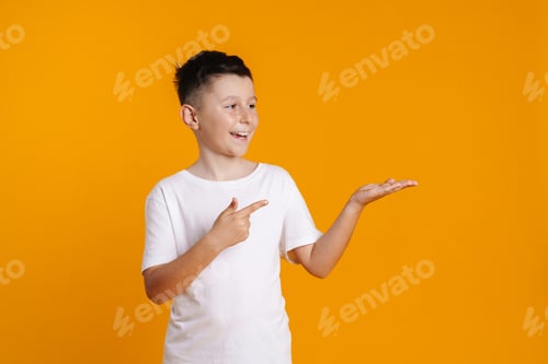 Preview: Happy smiling preteen boy in t-shirt standing