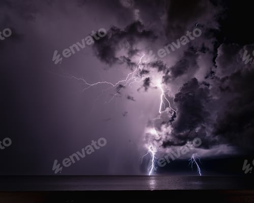 Preview: Lightning streaks through a beautiful sky, lights up the clouds and hits the ocean on a stormy night