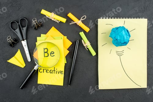 Preview: top view be creative written on yellow sticky notes scroll sticky notes tied with rope scissors