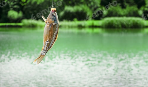Preview: Mirror carp hanging on the hook on lake background. Copy space