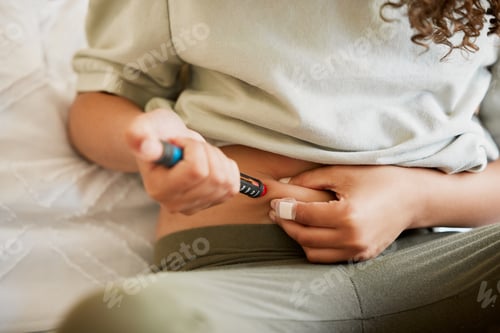 Preview: Diabetes, diabetic or woman with a chronic disease injecting herself with insulin treatment at home