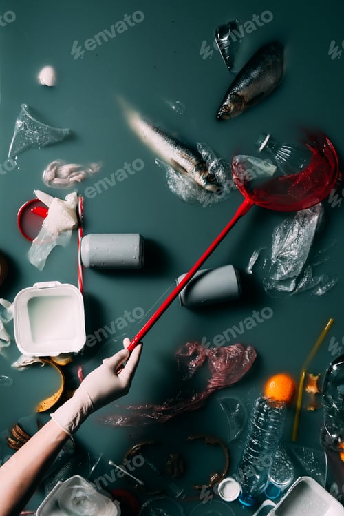 Preview: cropped shot of person in latex glove with butterfly net cleaning water from rubbish