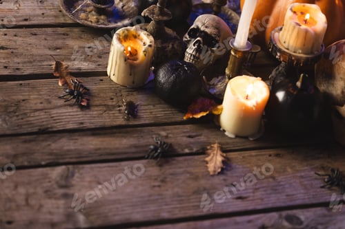 Preview: Pumpkins, skulls and burning candles on brown background