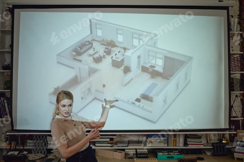 Preview: Young Adult Caucasian Woman Presenting Apartment Floor Plan Projection