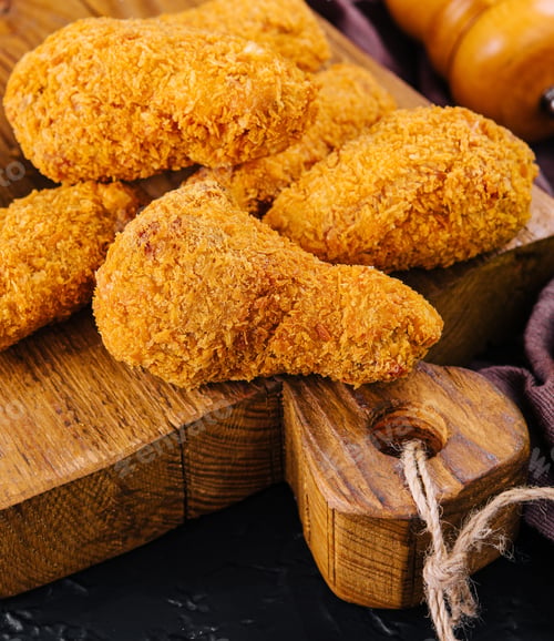 Preview: Fried chicken with ketchup on a wooden board