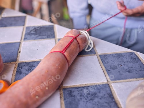Preview: Elderly person sewing natural sausage