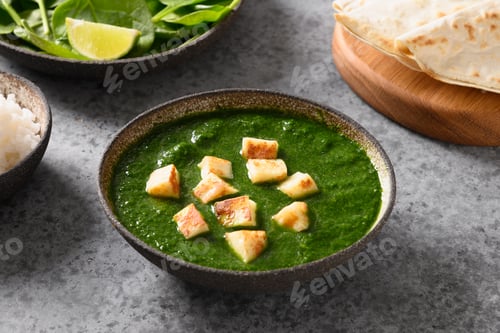 Preview: Palak Paneer served with basmati rice. Indian vegetarian cuisine. Copy space.