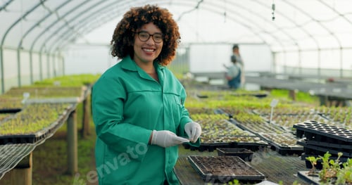 Preview: Mature woman, greenhouse and portrait with gardening and agriculture work with a smile of farmer. S