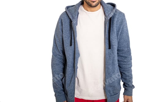 Preview: Male body with a blank t shirt and gray color hoodie isolated against white background
