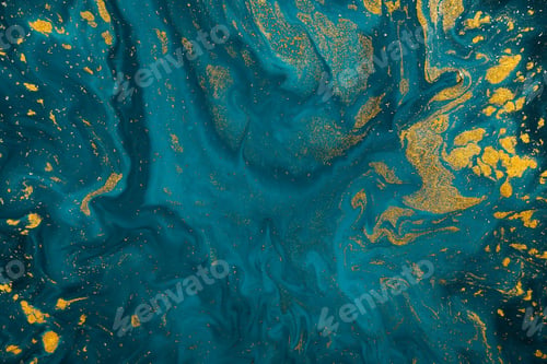 Preview: Abstract paint texture art. Natural luxury. Blue paint with gold glitter powder. Marble background.