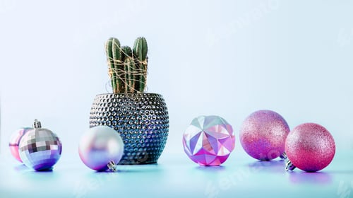 Preview: Cactus decorated with Christmas lights and ornaments on blue background