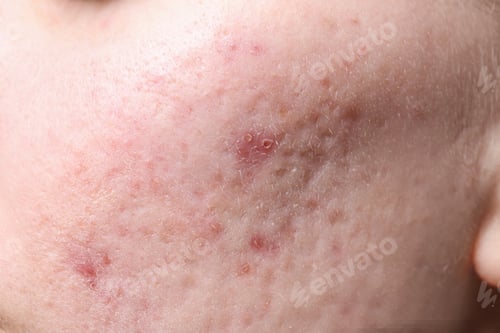 Preview: Young woman with acne on her face, closeup