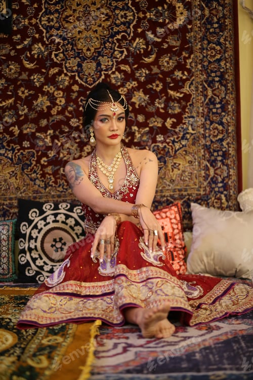 Preview: harming young woman wearing traditional saree, indoor