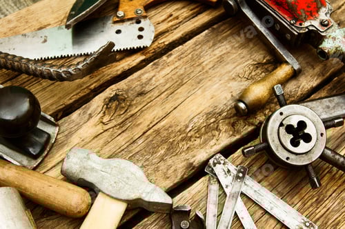 Preview: Vintage working tools (drill, saw, ruler and others) on wooden background.