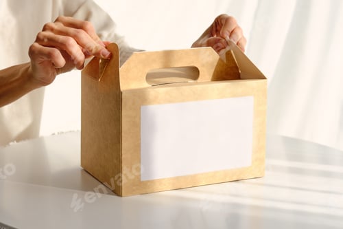Preview: Woman packing box with food placed on table