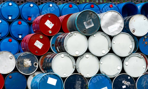 Preview: Stack of old chemical barrels. Blue, black and red oil drum. Steel and plastic oil tank. Toxic waste