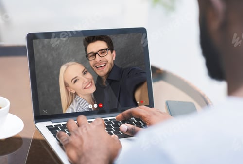 Preview: Black guy having video call with his caucasian friends couple