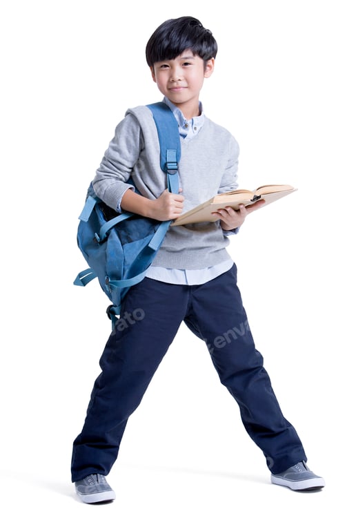 Enthusiastic Student Holding Book with Backpack Isolated