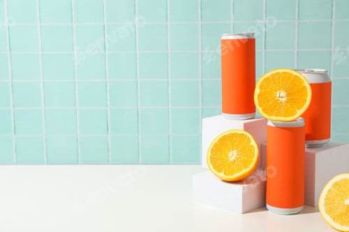 Preview: Tin cans with red labels and oranges on blue background, space for text
