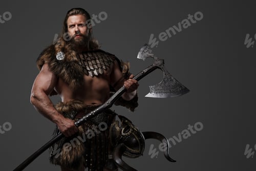 Preview: A fierce bearded Viking warrior in fur and light armor