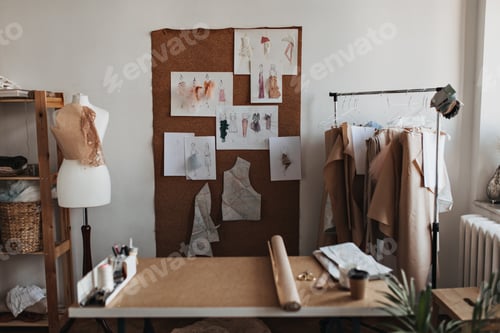 Preview: Snapshot of designers office with clothing patterns. Photo of cozy white room with pictures of styl