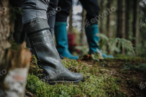 Preview: Low angle view of a group of people wearing rubber boots in the garden on a blurry background