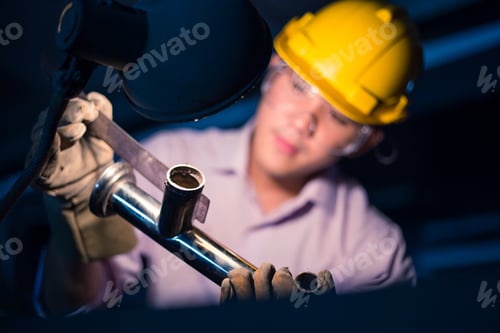 Preview: Portrait of heavy industry manual asian worker with grinder