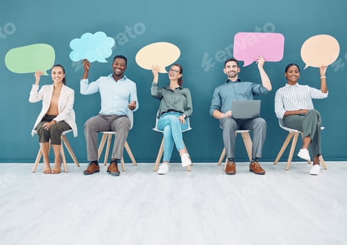 Preview: Speech bubble, waiting room and people in business recruitment, social media chat icon, and network