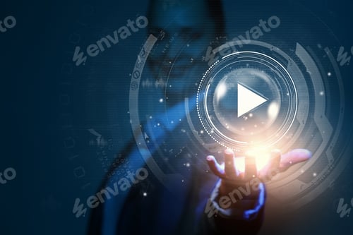 Preview: Close Up Of Businesswoman Pressing Media Play Icon