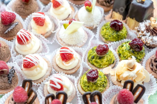 Preview: Assorted different mini cakes with cream, chocolate and berries- Sweets offered at the pastry shop.