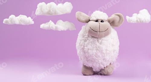 Preview: Soft toy White sheep on purple background with cotton wool clouds with space