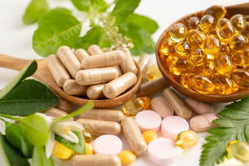 Preview: Alternative medicine herbal organic capsule, mineral, drug with herbs leaf natural supplements