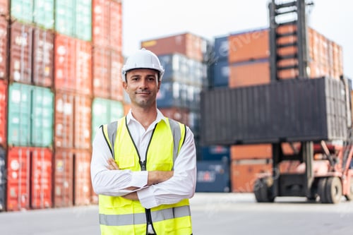 Preview: Portrait of Caucasian man worker working in container port terminal.