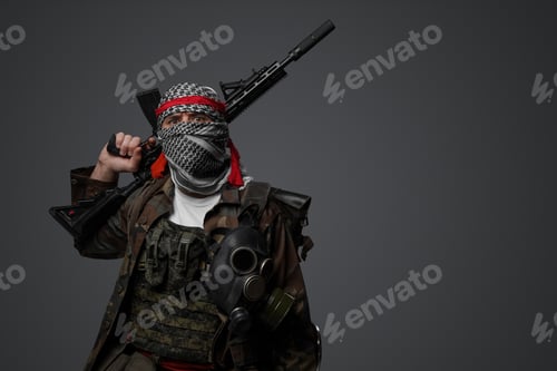 Preview: Middle Eastern Extremist Soldier, Camo Gear on Gray Background