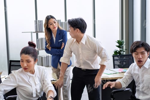 Preview: Employees gossiping about female boss business man and woman whispering gossip office rumors