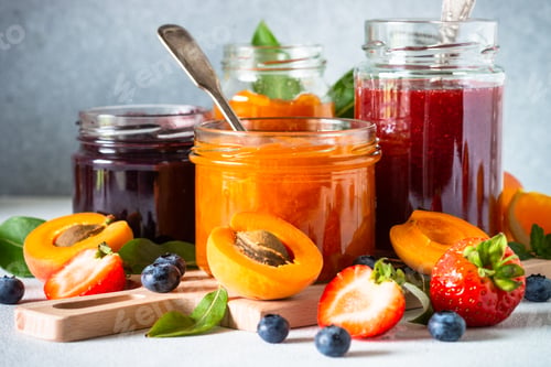 Preview: Homemade jam in glass jars at white table.