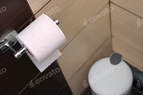 Preview: Holder with soft toilet paper roll in bathroom. Space for text