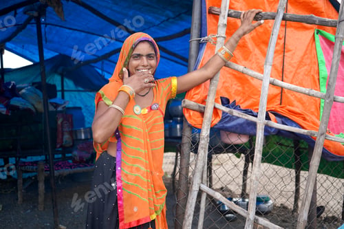 Preview: Nomadic tribe woman at the tent, India.